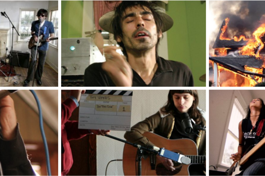 Collage aus sechs Bildern, die Szenen aus den »Burn to Shine«-Filmen zeigen: eine Band in einem kahlen Raum, ein Schlagzeuger mit geschlossenen Augen, ein brennendes Haus, ein Sänger mit Hand am Mikroständer, eine Musikerin mit Akustikgitarre und Filmklappe im Vordergrund, eine Bassistin mit Schlagzeuger im Hintergrund